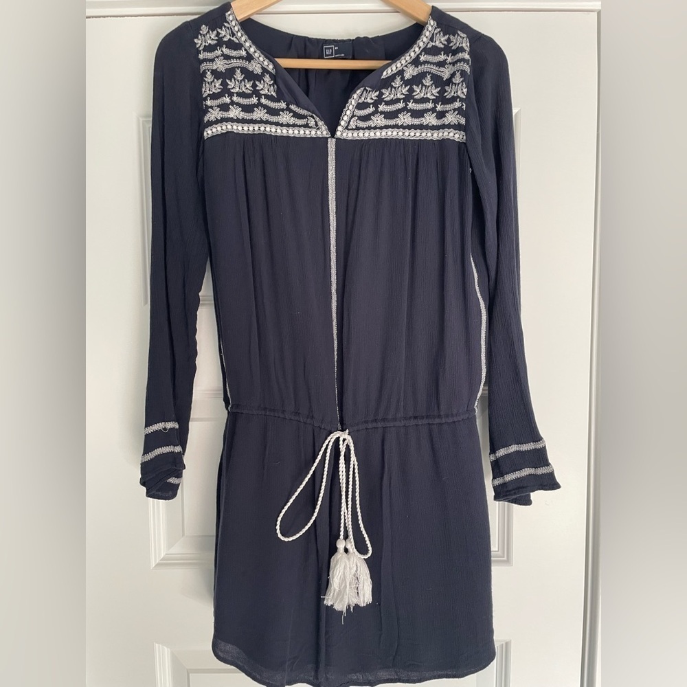 Gap Boho Long Sleeve Embroidered Dress Navy, XS - Picture 1 of 7